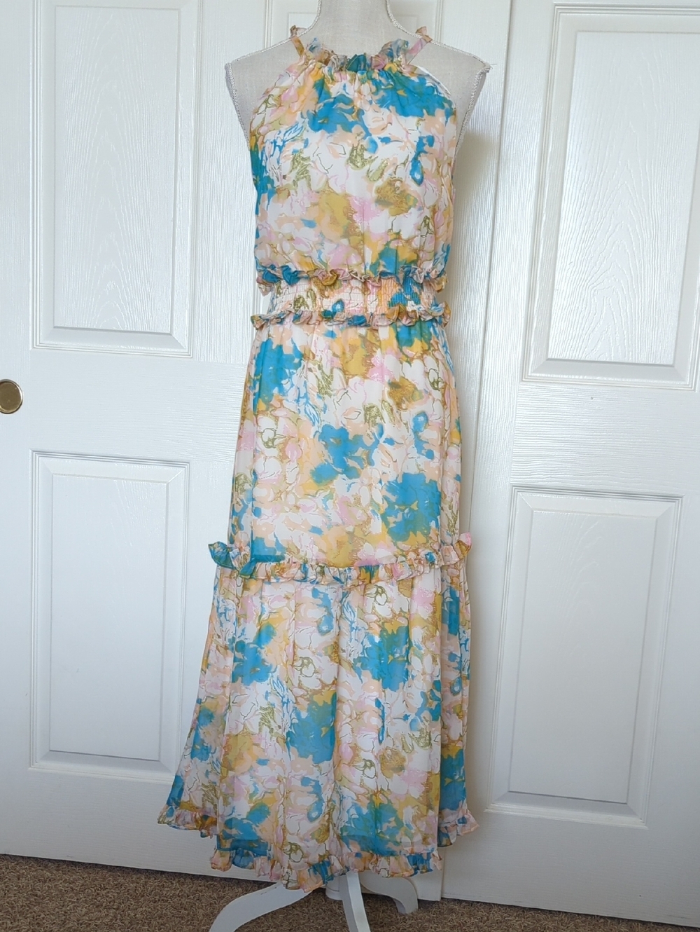 Walter Baker Halter Floral Maxi Dress in Blue, Pink & Cream